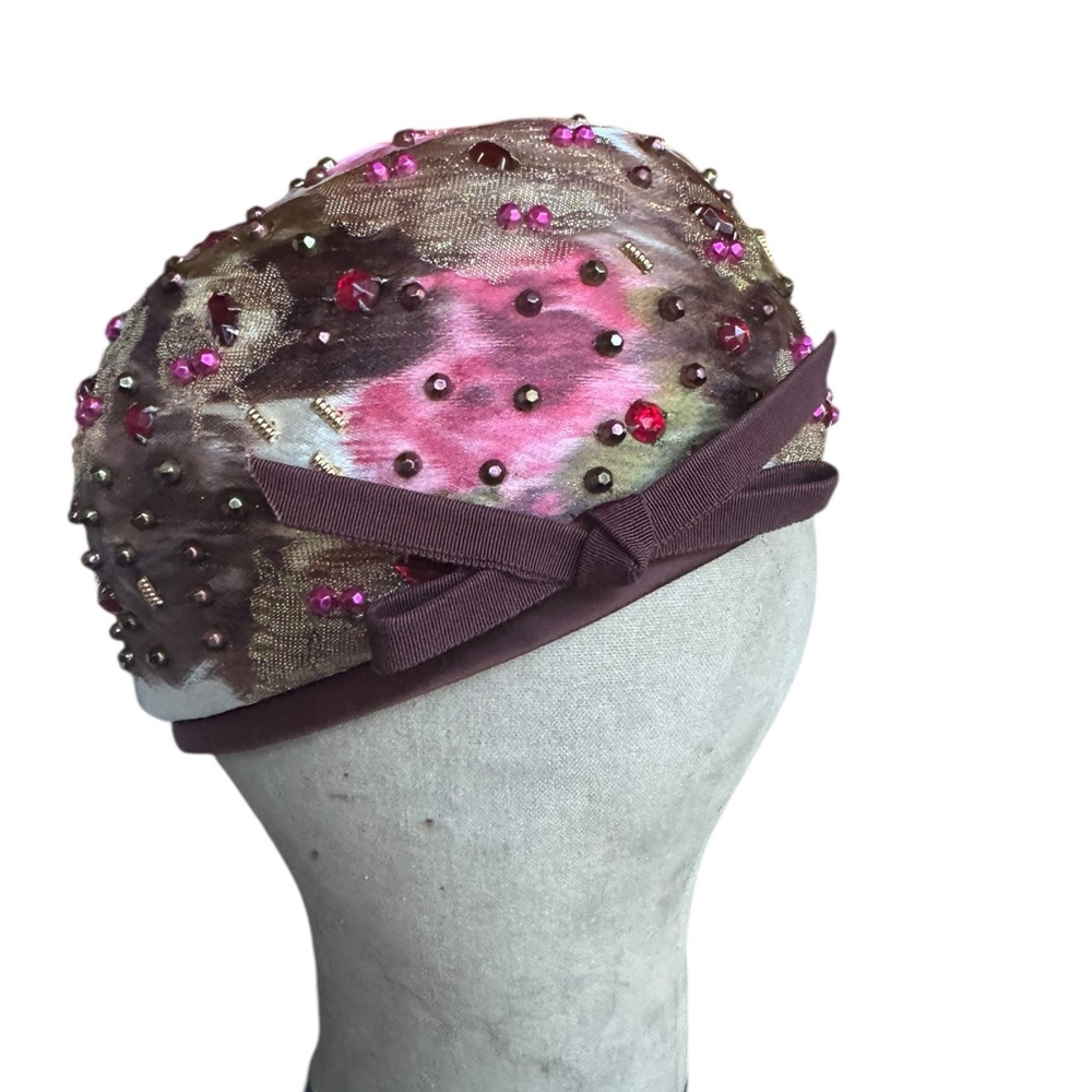 1940s Francois Paris New York Close-Fitted Cap w/Floral Pattern w/Pink & Gold To - Picture 2 of 8